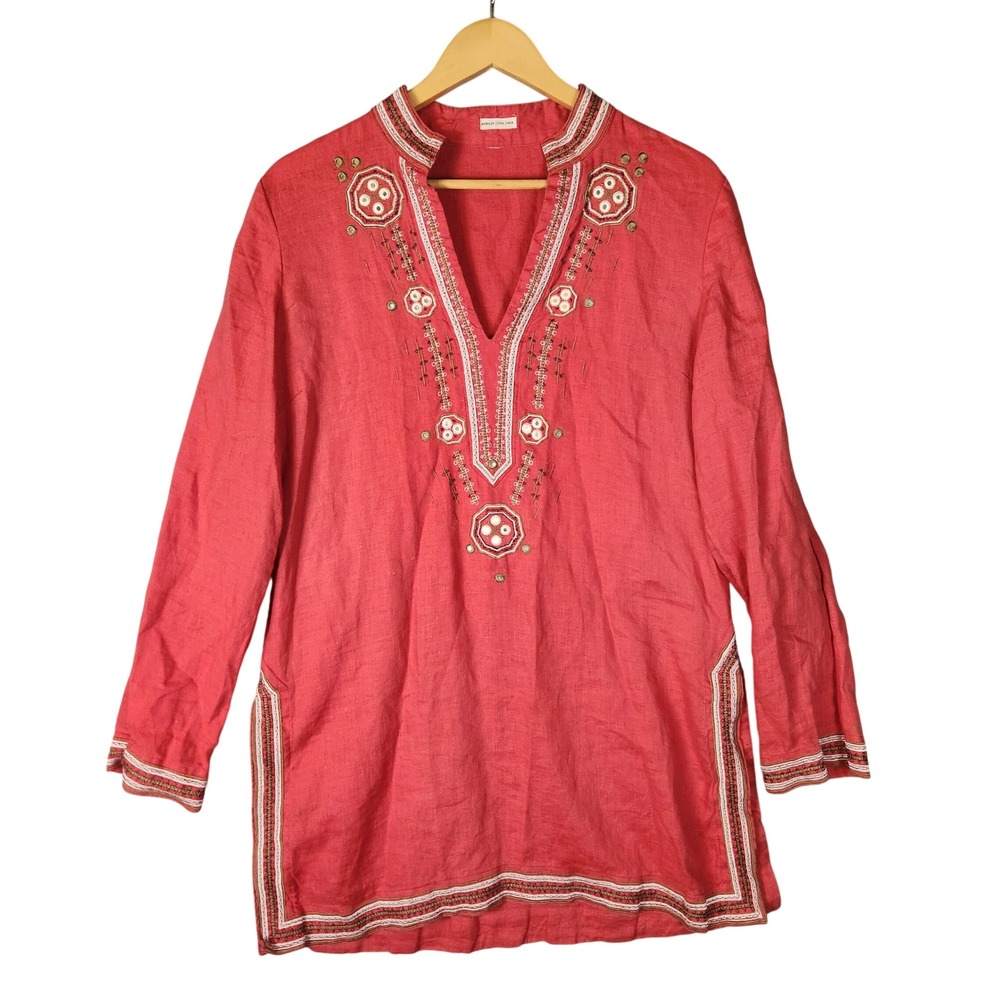 Old Navy 100% Linen Tunic Top Women's Large Coral Embroidered Boho